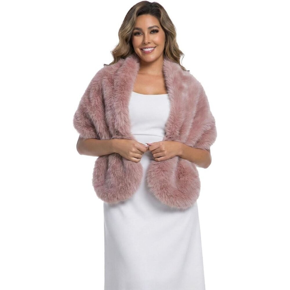 Women' Pink Faux Fur Winter Warm Wedding Neck Warmer Shawl Collar Scarf Stole - Picture 3 of 6